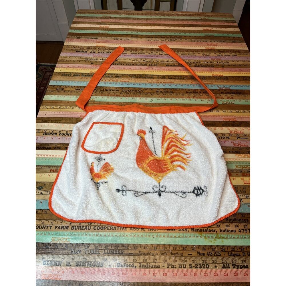 Vtg 60s Chicken Terry Cloth Waist Apron Retro BRIGHT COLORS ORANGE With Ties - Picture 4 of 7
